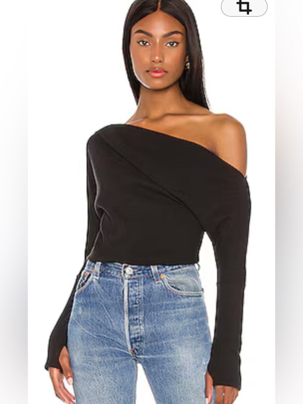 We The Free Black Fiji  Asymmetrical Off-Shoulder Long Sleeve Waffle Knit Top